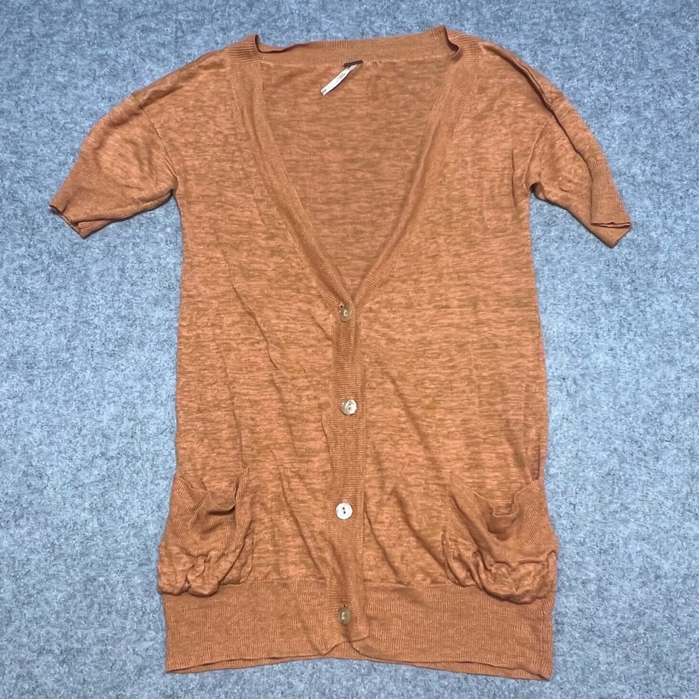 Free People Women 100% Linen Short Sleeve Longline Cardigan Orange Marled Size M